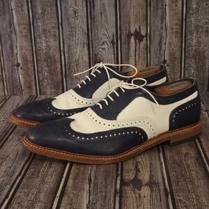 Sz 11 E Allen Edmonds Neumok Navy White Leather Wingtip Oxford Shoes Excellent